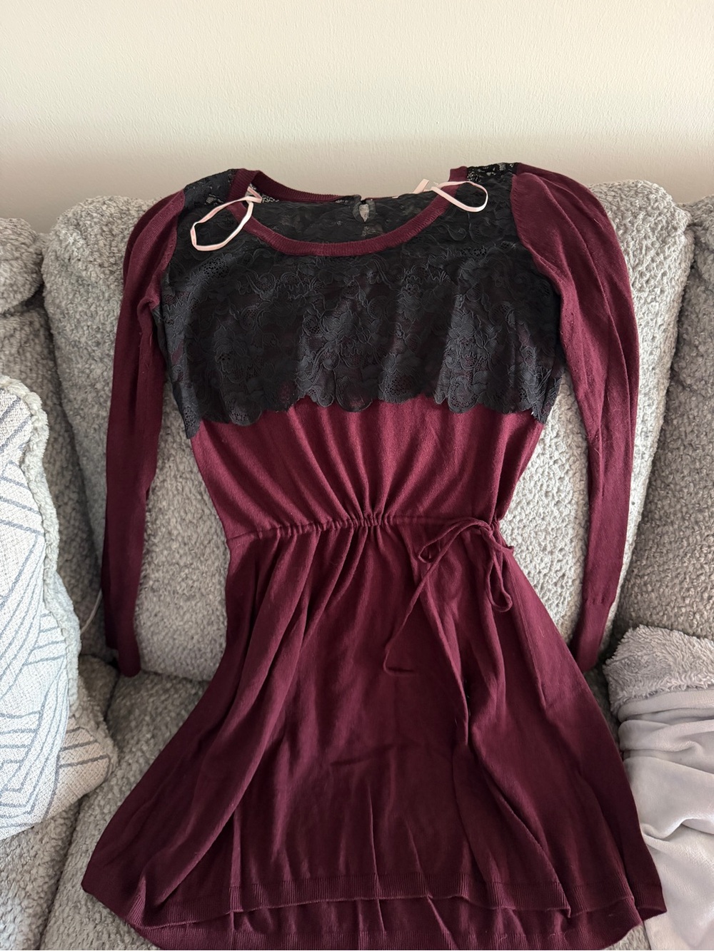Victoria's Secret Long-Sleeve Lace Yoke Dress in Burgundy and Black